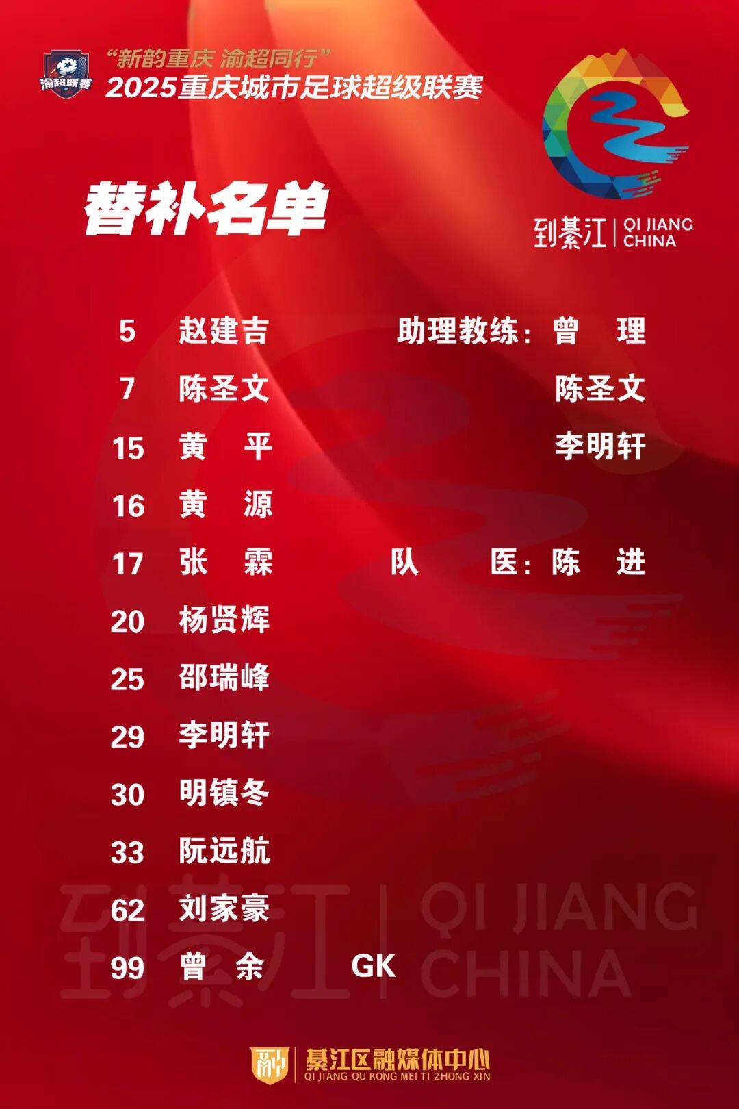 綦江VS涪陵，首发阵容名单→
